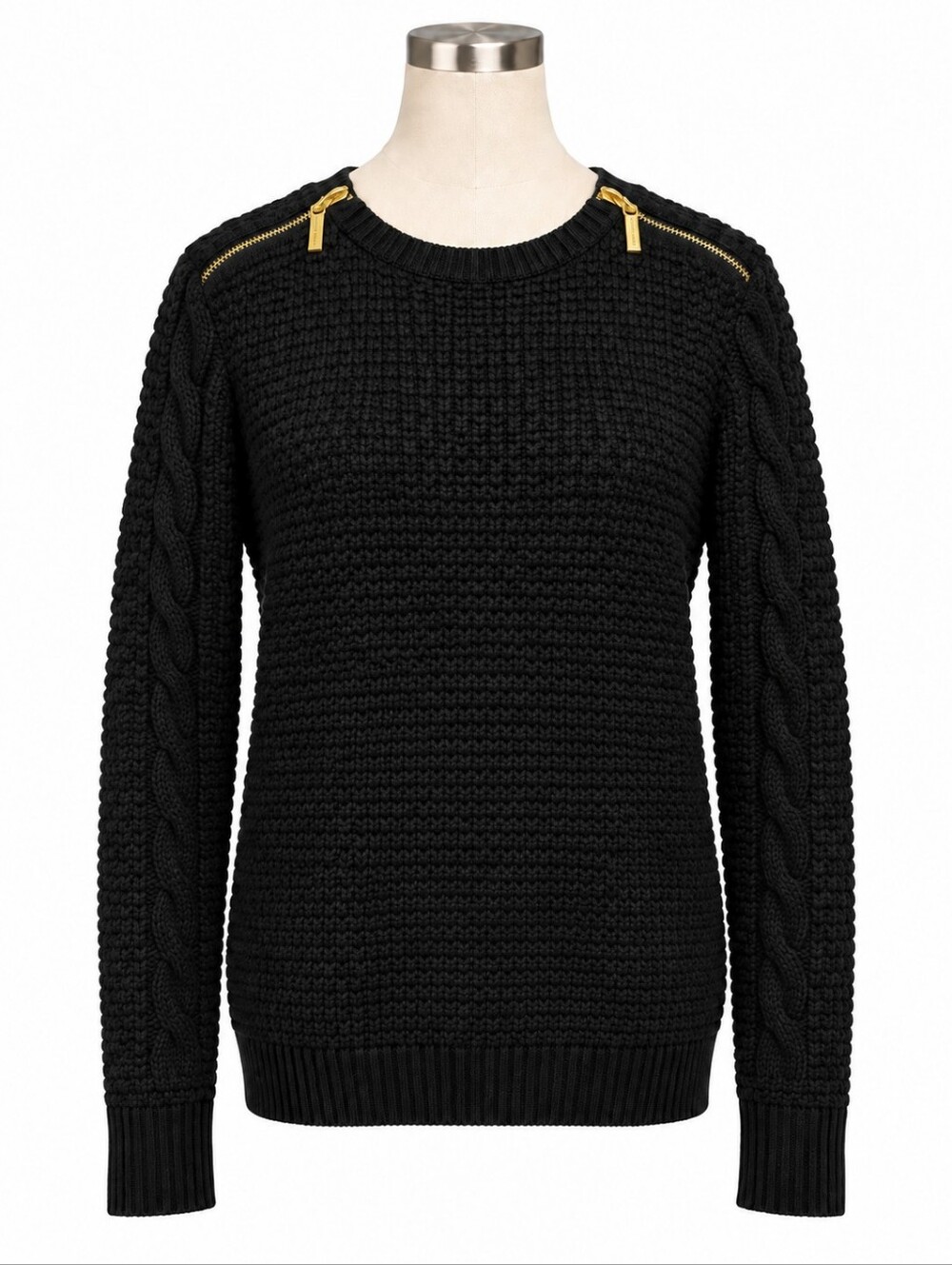 Michael Kors Black Textured Knit Sweater Gold Shoulder Zippers Size L